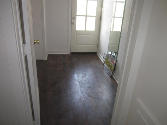doorway to outside featuring baseboards and dark wood-type flooring