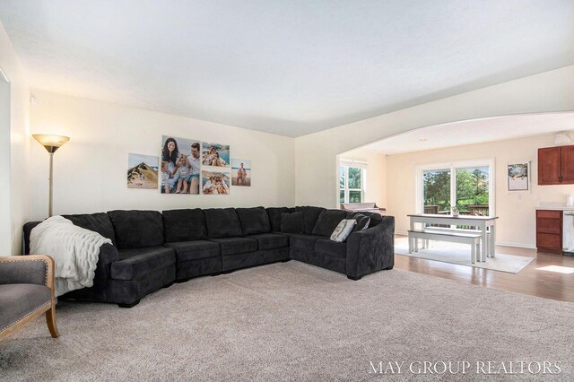 living area with arched walkways and light carpet