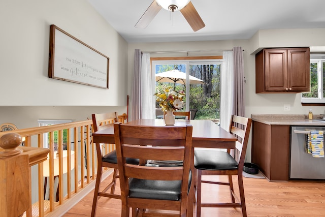 dining space featuring a ceiling fan, a healthy amount of sunlight, and light wood-style flooring