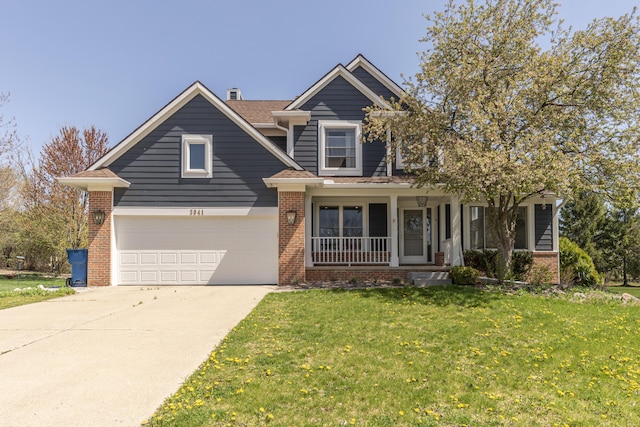 3941 Steamboat Ct, Ann Arbor, MI 48108 - craftsman-style house featuring a porch, a front yard, a garage, brick siding, and concrete driveway
