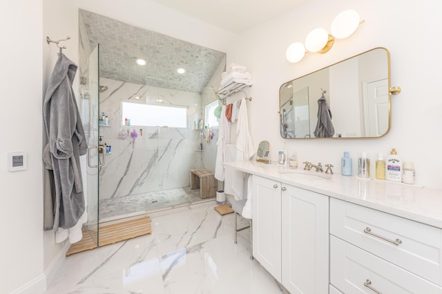 3941 Steamboat Ct, Ann Arbor, MI 48108 - full bathroom featuring baseboards, vanity, marble finish floor, a marble finish shower, and recessed lighting
