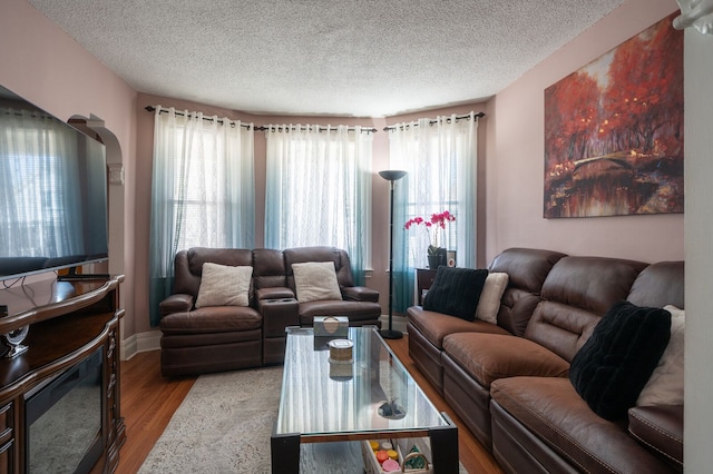 living area with a textured ceiling, plenty of natural light, and wood finished floors