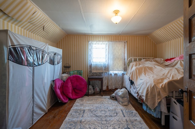 bedroom with lofted ceiling and dark wood-type flooring