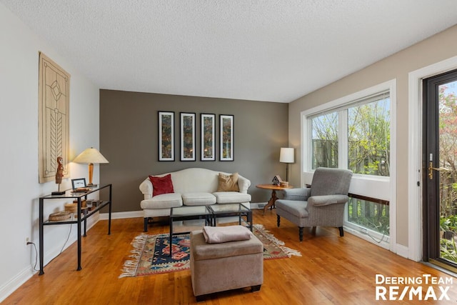 living room featuring plenty of natural light, a textured ceiling, and light wood finished floors
