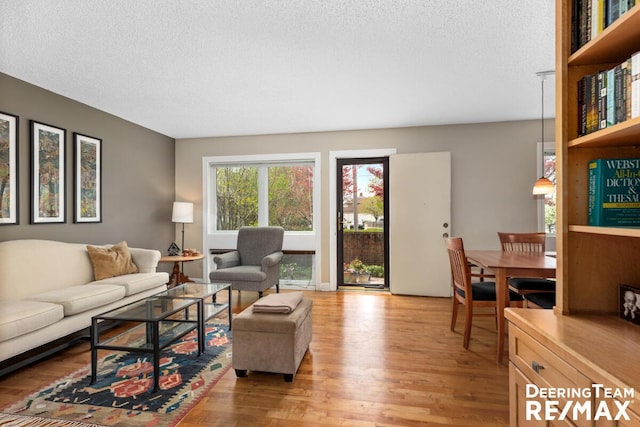living area featuring a textured ceiling and light wood-type flooring