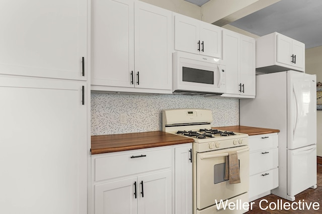 kitchen featuring white appliances, white cabinets, wooden counters, and tasteful backsplash