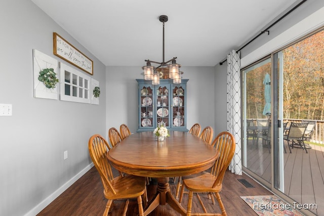dining space with baseboards, dark wood-style floors, and visible vents