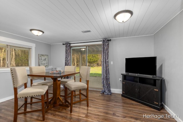 dining space featuring wood ceiling, baseboards, visible vents, and wood finished floors