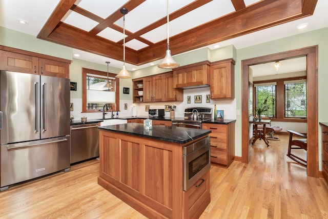 kitchen with open shelves, light wood finished floors, appliances with stainless steel finishes, and dark countertops