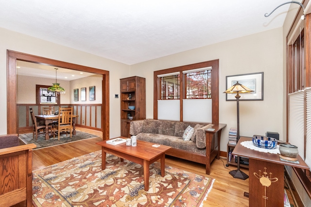 living room with baseboards and light wood finished floors