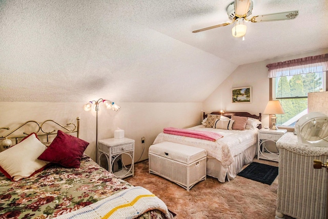 carpeted bedroom with a ceiling fan, a textured ceiling, and lofted ceiling