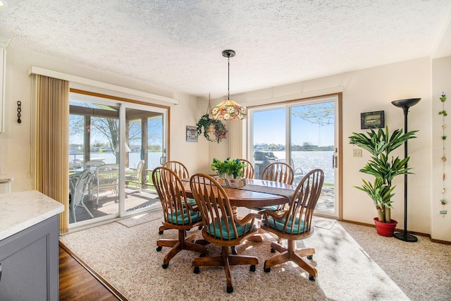dining room featuring a water view, baseboards, and a textured ceiling