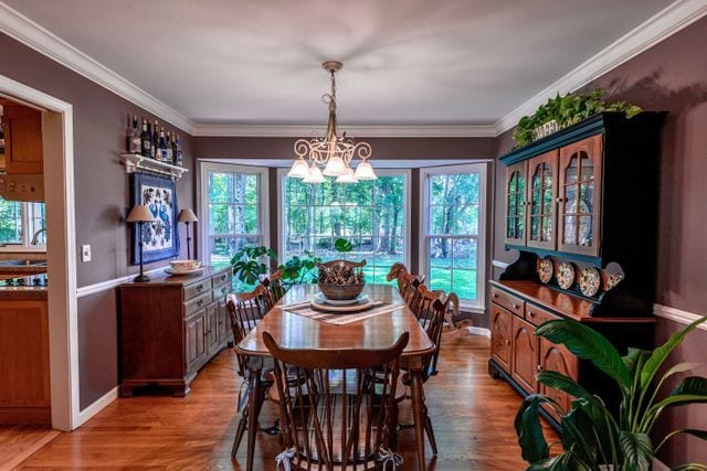 dining room with an inviting chandelier, ornamental molding, a wealth of natural light, and light wood-type flooring
