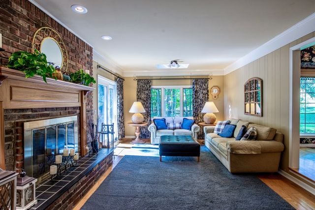 living area featuring crown molding, plenty of natural light, wood finished floors, and a fireplace