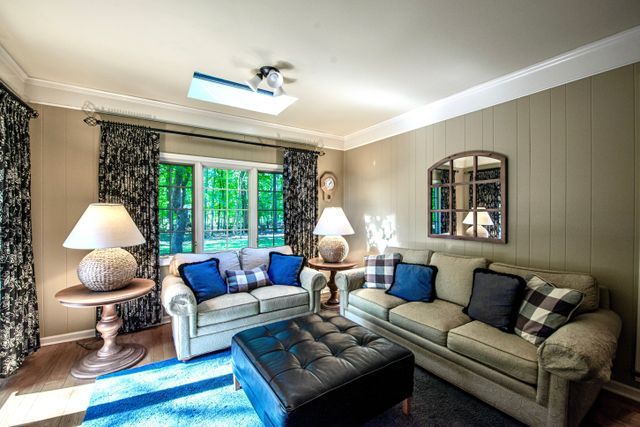 living area featuring crown molding, a skylight, and wood finished floors