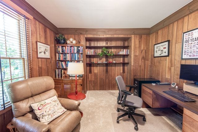 carpeted home office with wooden walls, crown molding, plenty of natural light, and built in shelves