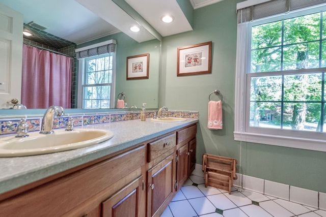 bathroom featuring double vanity, visible vents, a wealth of natural light, and a sink