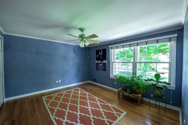 empty room with crown molding, a wealth of natural light, and wood finished floors