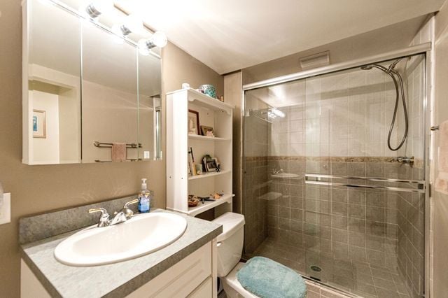 full bathroom featuring vanity, a stall shower, and toilet