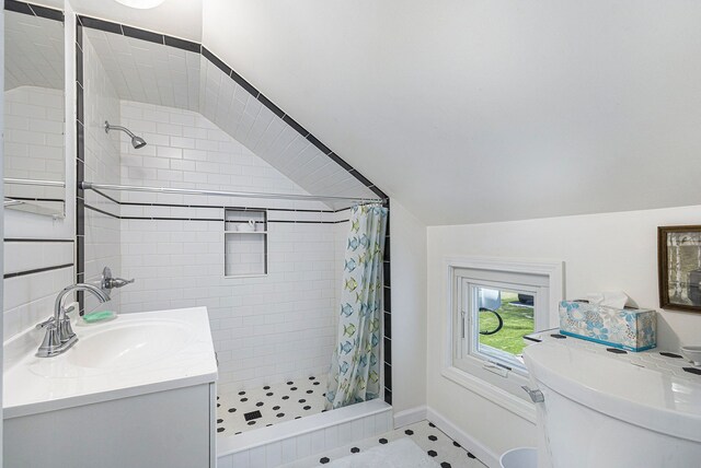 3121 Grace Rd, Frankfort, MI 49635 - bathroom with a shower stall, vaulted ceiling, vanity, toilet, and baseboards