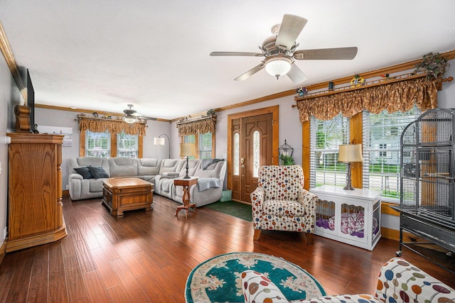 living room with crown molding, ceiling fan, and a healthy amount of sunlight