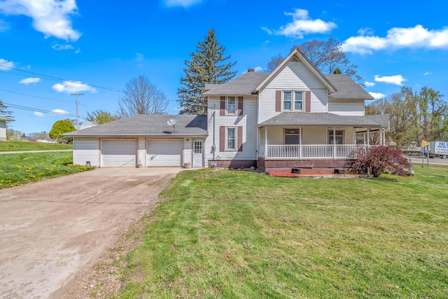 view of front of property featuring a porch, a chimney, a front yard, a garage, and concrete driveway