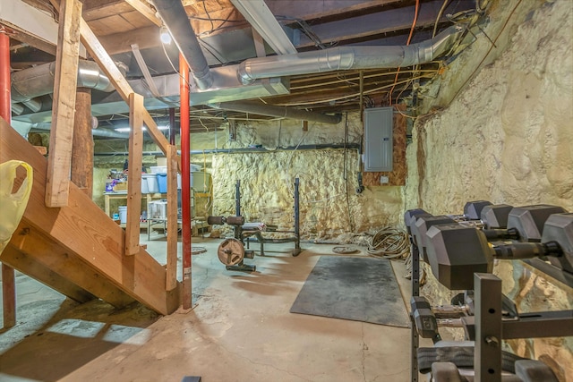unfinished basement featuring electric panel