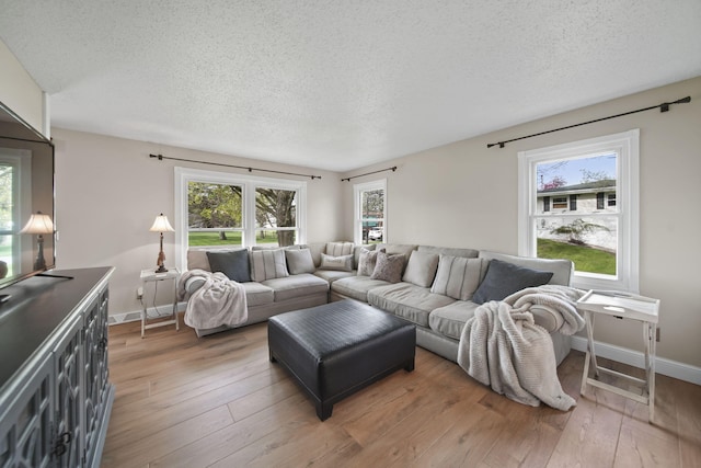 living room featuring plenty of natural light, a textured ceiling, and light wood finished floors
