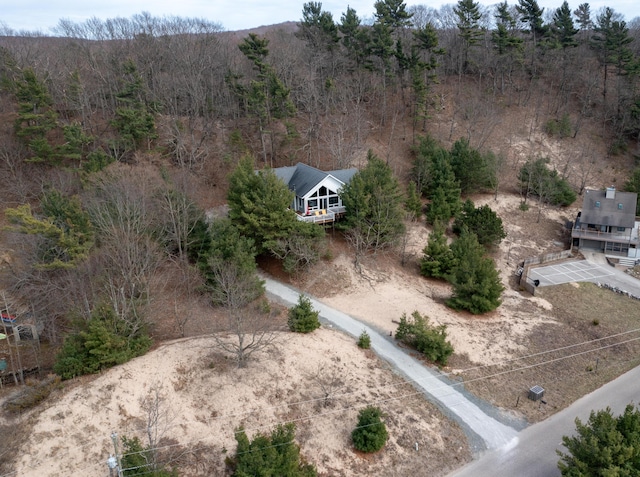 birds eye view of property featuring a forest view
