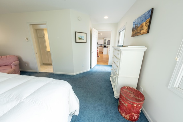 bedroom featuring baseboards, carpet flooring, and recessed lighting
