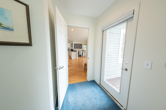 entryway featuring a wealth of natural light and light carpet