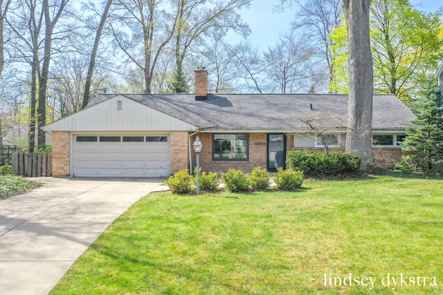 single story home featuring driveway, a chimney, brick siding, fence, and an attached garage