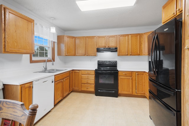 kitchen featuring ventilation hood, a sink, light countertops, a textured ceiling, and black appliances