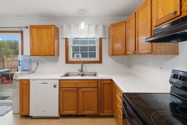 kitchen with a sink, dishwasher, brown cabinetry, black range with electric cooktop, and under cabinet range hood