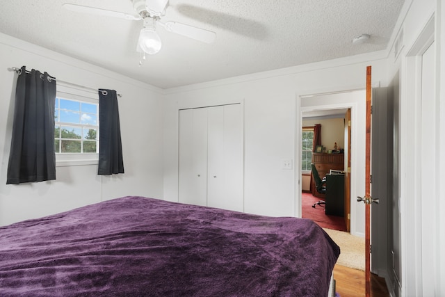 bedroom featuring a closet, a textured ceiling, ceiling fan, and wood finished floors