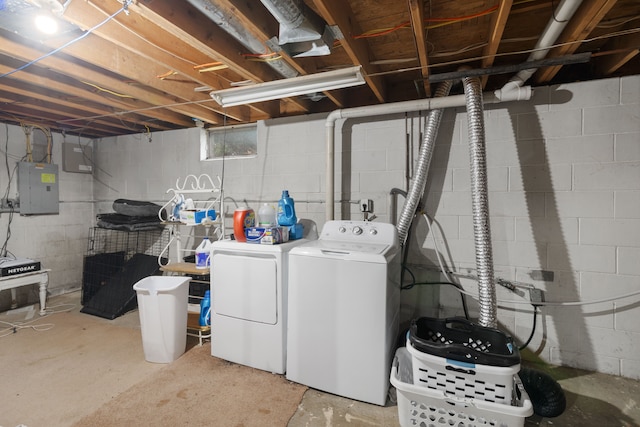 washroom featuring electric panel, laundry area, and washer and dryer