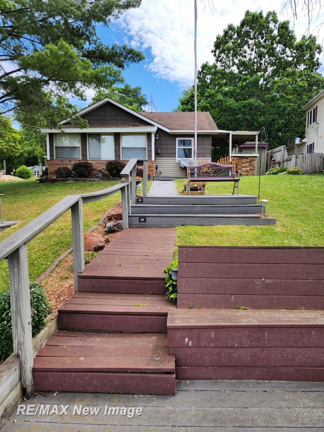 wooden deck featuring fence and a yard