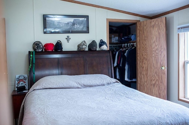 bedroom featuring a closet, ornamental molding, lofted ceiling, and a spacious closet