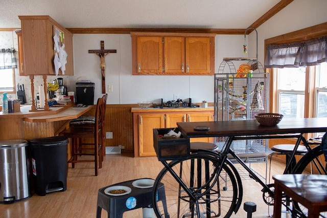 kitchen featuring plenty of natural light, ornamental molding, and light wood-style floors