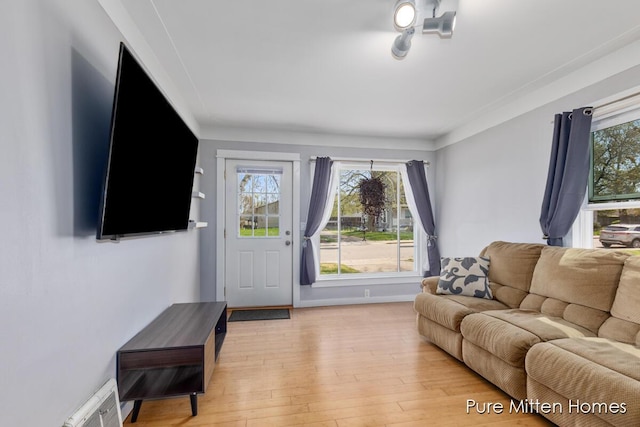living room with a healthy amount of sunlight, baseboards, and light wood-type flooring
