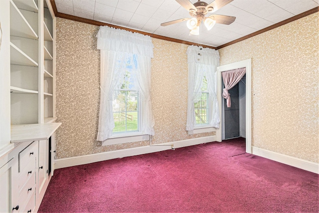 310 E Unadilla St, Pinckney, MI 48169 - interior space featuring crown molding, wallpapered walls, ceiling fan, and dark colored carpet