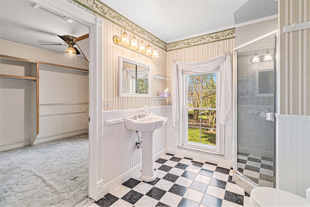 310 E Unadilla St, Pinckney, MI 48169 - bathroom with tile patterned floors, ceiling fan, a shower stall, and a wealth of natural light
