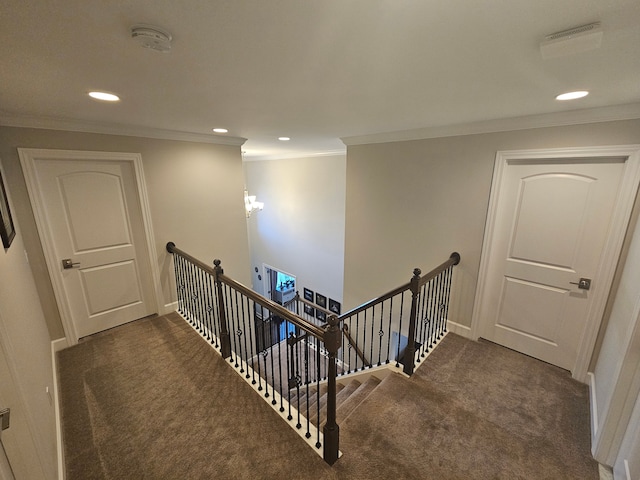 3125 Fortune Ln, Commerce Twp, MI 48390 - hallway with an upstairs landing, carpet floors, crown molding, baseboards, and recessed lighting