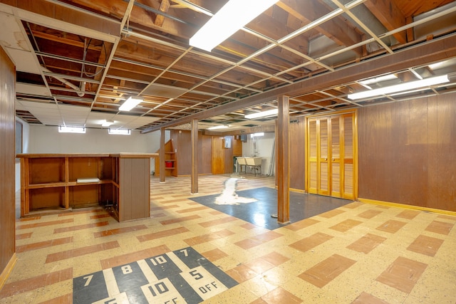 31825 Eveningside, Fraser, MI 48026 - basement with tile patterned floors, a dry bar, and wood walls