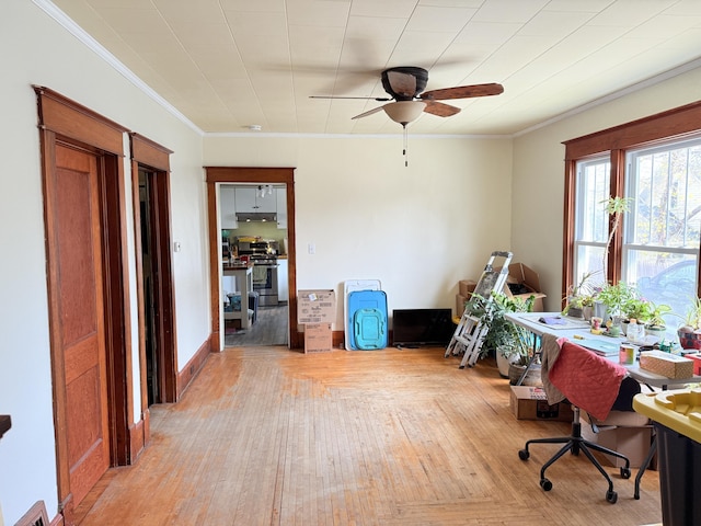 home office with light wood-type flooring, ornamental molding, and a ceiling fan