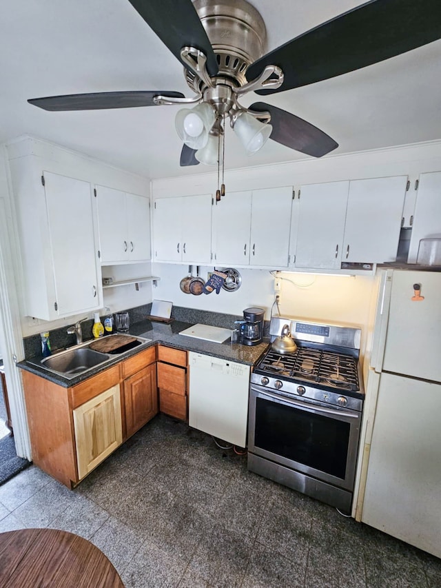 4010 Stolzenfeld Ave, Warren, MI 48091 - kitchen with dark countertops, a sink, white appliances, granite finish floor, and a ceiling fan