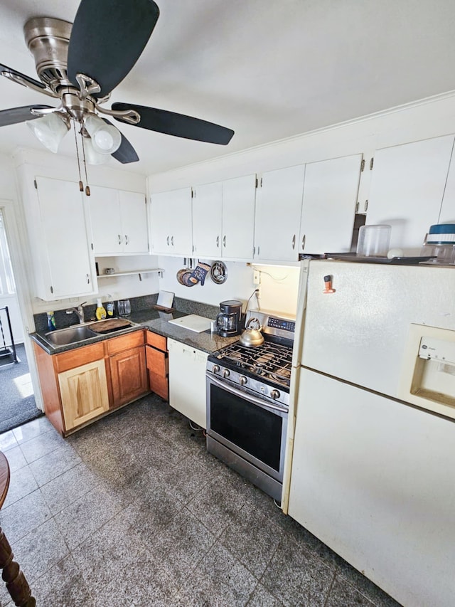 4010 Stolzenfeld Ave, Warren, MI 48091 - kitchen with ceiling fan, dark countertops, a sink, white appliances, and granite finish floor