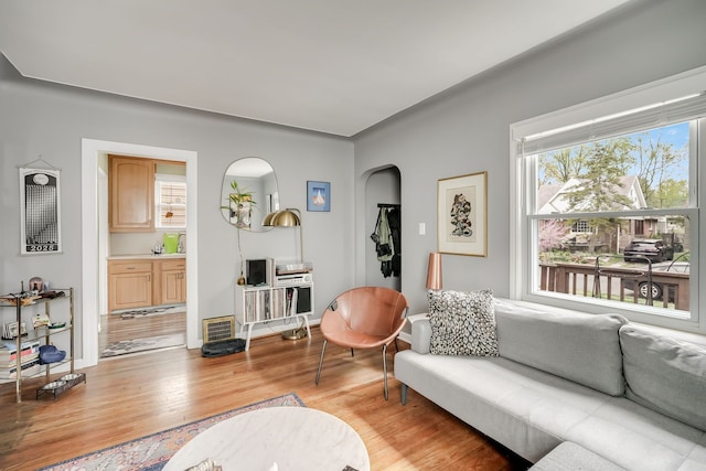 1343 Northway St, Ferndale, MI 48220 - living room with arched walkways, baseboards, and light wood-type flooring