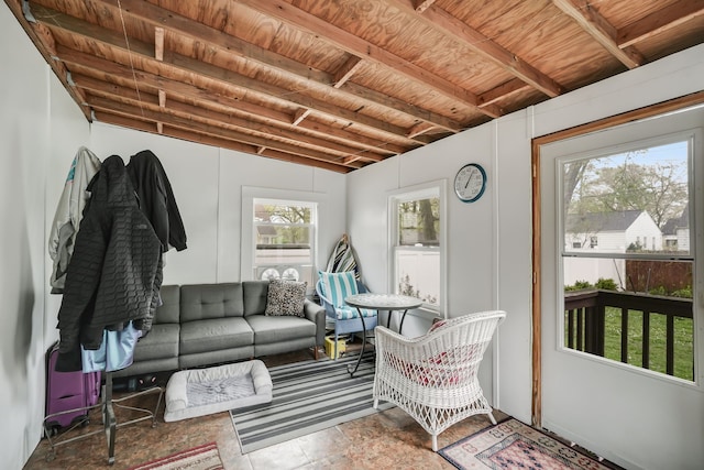 1343 Northway St, Ferndale, MI 48220 - living area with a healthy amount of sunlight, wooden ceiling, and beamed ceiling