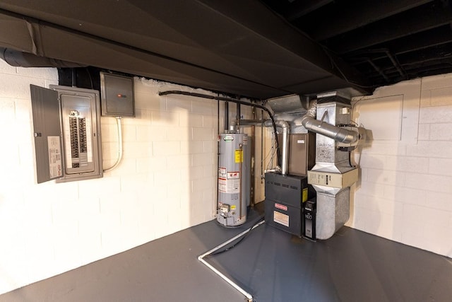 utility room featuring heating unit, gas water heater, and electric panel